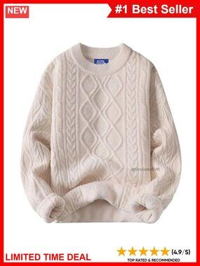 Oversized Cable Knit Crewneck Pullover Sweater Long Sleeve